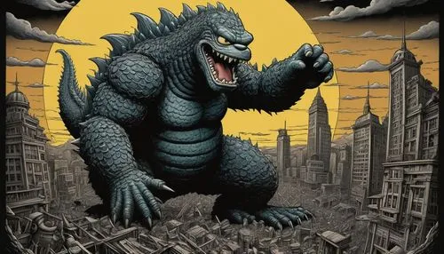 godzilla,king kong,kong,saurian,gorilla,halloween poster,wolfman,doomsday,apocalypse,tyrannosaurus,italian poster,drexel,gargoyles,sci fiction illustration,fukushima,frankenstein,gargoyle,gorilla soldier,trex,tyrannosaurus rex,Illustration,Children,Children 03