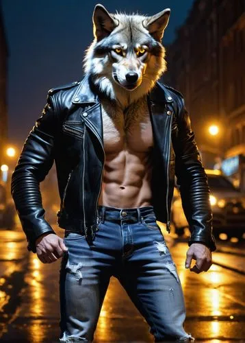 Anthropomorphic wolf, standing upright, muscular physique, fur patterned with gray and white, piercing yellow eyes, sharp facial features, pointed ears, flowing mane hairstyle, black leather jacket, r