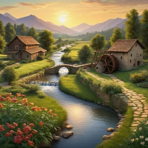 idyllic,home landscape,landscape background,alpine village,rural landscape,water mill,mountain village,fantasy landscape,world digital painting,meadow landscape,river landscape,fantasy picture,idyll,farm landscape,nature landscape,beautiful landscape,hobbiton,village life,escher village,springtime background,Art,Classical Oil Painting,Classical Oil Painting 05