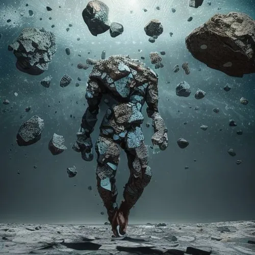 space rock shower, broken, gaps, resembles human being, legs, arms, head, nose, eyes, face, many clusters of rocks, dusty, granules. In space, Earth in background,moon rover,lunar landscape,stone man,