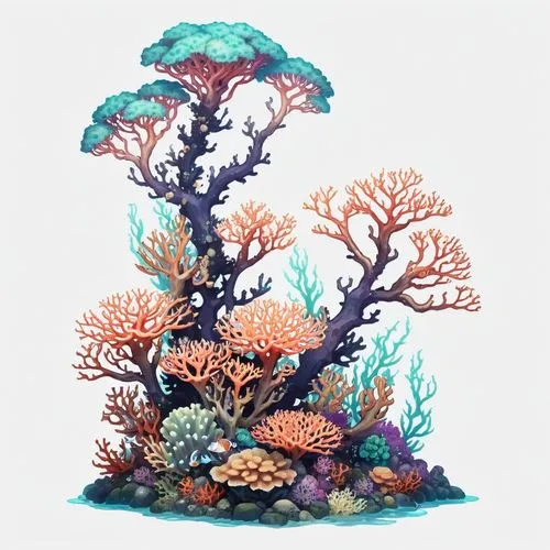 2d side sprite of a anime colored spooky coral reef, transparent background,an underwater scene with coral and plants,coral reef,bubblegum coral,soft corals,coral reefs,feather coral,coral,Illustratio