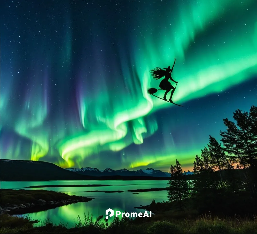 Aurora Borealis  with a witch flying on her broom ,woman with long hair flying in the sky under the aurora bore,northen lights,norther lights,nothern lights,the northern lights,aurora borealis,norther