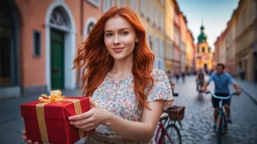 woman bicycle,prosperindo,blonde girl with christmas gift,proprietress,promna,upromise