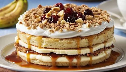 this cake is covered with caramel, walnuts, whipped cream and granola,pancake cake,flapjacks,Photography,General,Realistic