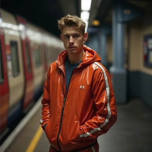 a handsome British man 25 years old wearing a shiny nylon tracksuit on the platform in a station of the London Underground,a British man wearing a nylon tracksuit in the London Underground ,daan,maart