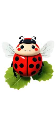 Ladybug, cartoon style, red shell, black spots, white wings, green leaves, bright eyes, smiling face, standing, 3/4 composition, soft natural light, shallow depth of field, warm color tone, cute expre