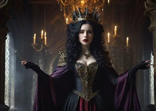 Dark throne, Lilith, queen of darkness, solo, (25yo), pale skin, sharp facial features, red lips, long curly black hair, intricate horns, dark wings spread wide, luxurious black and purple cloak, gold