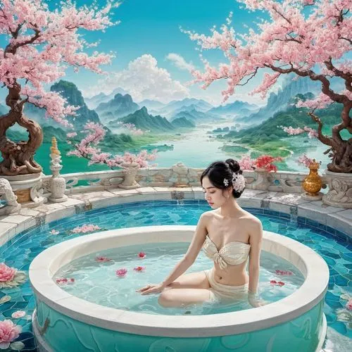 water lotus,fantasy picture,bathtub,spa,xiaofei,japanese sakura background,flower water,wishing well,jacuzzis,beauty room,water bath,jasmine blossom,thermal spring,yifei,oriental princess,bath,lotus blossom,spa water fountain,the girl in the bathtub,bathing