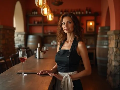 wine bar,sommelier,enoteca,wine tavern,bartender,woman at cafe,barkeeper,winemaker,bistro,barmaid,tokara,trattorias,tableside,barolo,winery,corkage,a glass of wine,wine house,waitress,osteria,Photography,General,Realistic