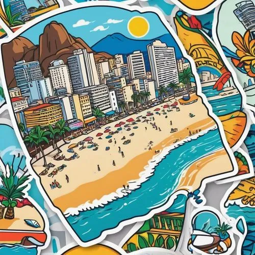 clipart sticker,seamless pattern,summer clip art,honolulu,brazilian beach,copacabana,seamless pattern repeat,stickers,rio de janeiro,beach towel,acapulco,tel aviv,rio,summer icons,canary islands,viña del mar,waikiki beach,hawaii,background pattern,scrapbook clip art,Unique,Design,Sticker