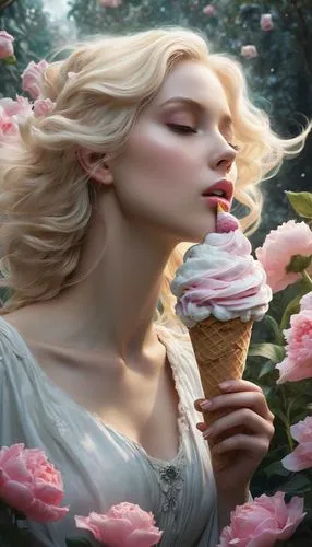 woman with ice-cream,pink ice cream,fanning,icecream,ice cream,scent of roses,Conceptual Art,Fantasy,Fantasy 11