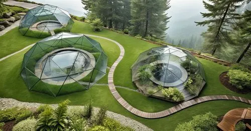 GRASS, TREES, GLASS DOMES, WOODEN PATHWAY,ecotopia,futuristic landscape,ecovillages,biospheres,odomes,earthship,biomes,ecovillage,mirror house,igloos,terraformed,domes,golf hotel,roof domes,golf resor