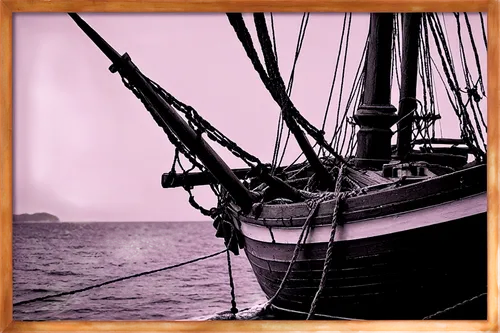 Old sailing ship, vintage photograph, black and white, worn-out frame, faded colors, wooden hull, rusty anchors, tangled ropes, torn sails, broken mast, weathered deck, nostalgic atmosphere, warm ligh