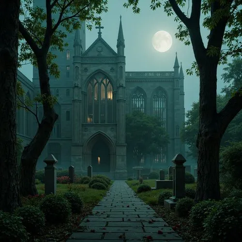 Mysterious gothic cathedral, towering spires, grandeur archways, ornate stone carvings, eerie misty atmosphere, overgrown ivy vines, twisted ancient trees, moss-covered tombstones, foggy moonlit night