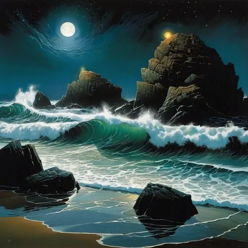 sea night,ocean background,ocean,beach landscape,seascape,ocean waves,coastal landscape,dark beach,sea landscape,el mar,oceanos,japanese waves,samudra,pacific,oceanian,beach scenery,ocean paradise,tidal wave,rocky coast,piha,Illustration,Realistic Fantasy,Realistic Fantasy 29