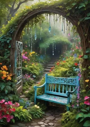 garden bench,park bench,fantasy picture,bench,nature garden,world digital painting,garden swing,fantasy landscape,fairy forest,fairy door,arbor,benches,fairy village,wooden bench,fairytale forest,tunnel of plants,fairy world,idyll,digital painting,garden of eden,Conceptual Art,Graffiti Art,Graffiti Art 08