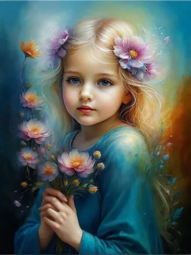 little girl fairy,girl in flowers,child fairy,flower painting,flower fairy,mystical portrait of a girl,blue butterflies,faery,beautiful girl with flowers,girl picking flowers,faerie,flower girl,oil pa