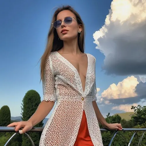 She is very elegant but she is 
also very bold  and Wonderful sunset, cinematographic style.
a British woman, long hair, beautiful, slim body, exotic,
 glasses, full body,  confident, wide angle ,She 