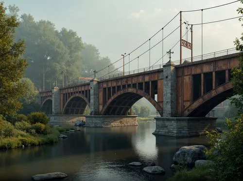 Rustic steel bridges, weathered metal textures, warm earthy tones, rich brown hues, muted industrial colors, misty river surroundings, lush greenery, natural stone foundations, sturdy pillars, suspens