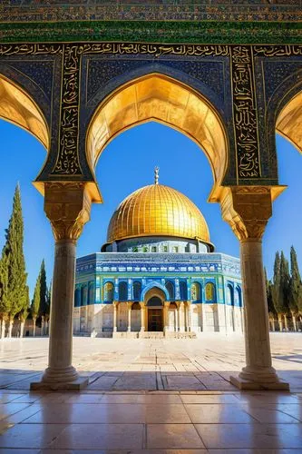 Dome of the Rock, Jerusalem, Israel, Islamic architecture, golden dome, intricate Arabic patterns, ornate decorations, white marble, black tile, sacred site, historic landmark, sunny day, clear blue s