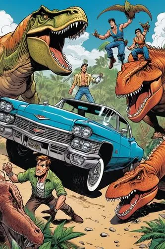 wagoneer,dusautoir,muscle car cartoon,jurassic,velociraptors,cretaceous,Illustration,American Style,American Style 13