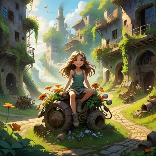 ghibli,world digital painting,girl with a wheel,girl in the garden,girl picking flowers,studio ghibli,Illustration,Realistic Fantasy,Realistic Fantasy 01