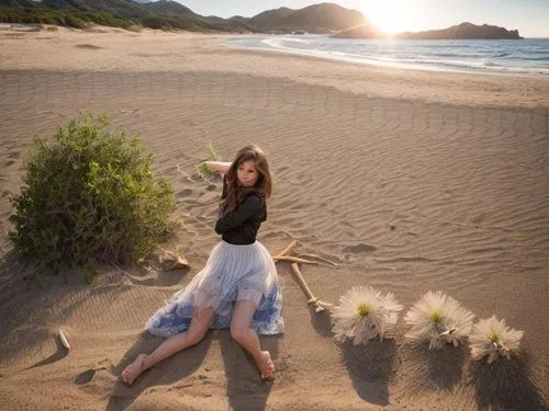 a young woman laying on top of sand near water,girl on the dune,maekyung,krystal,taean,beach background,hyori,Common,Common,Photography