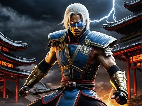 Raiden, Mortal Kombat, male, muscular, strong jawline, short white hair, blue eyes, red Kanji tattoo on forehead, black and gold armor, shoulder pads, gauntlets, boots with silver buckles, energetic p