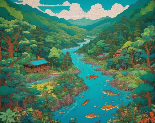 river landscape,khokhloma painting,brook landscape,aura river,a river,lake tanuki,mountain river,forest landscape,river cooter,shirakami-sanchi,riparian forest,studio ghibli,japan landscape,vietnam,river of life project,streams,hokkaido,stream,the forests,rivers,Illustration,Japanese style,Japanese Style 16