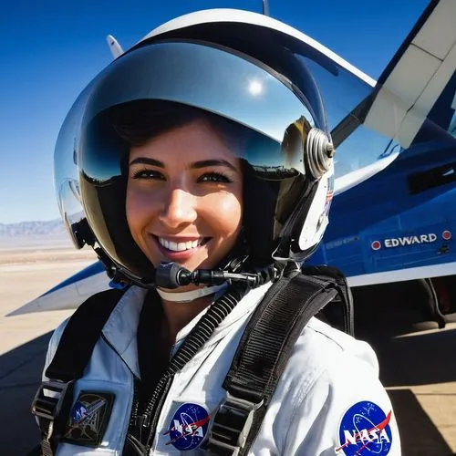 Some 15 m besides a white NASA F-104 Starfighter jet fighter in blue NASA markings at Edwards AFB, Cal., is standing a gorgeous female 29 years old NASA Test Pilot in white and blue NASA flight overal