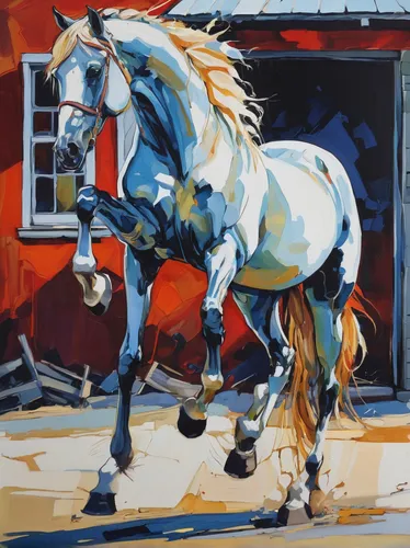 Imagine a mischievous horse playing pranks on its fellow stablemates.,painted horse,draft horse,colorful horse,two-horses,horses,carousel horse,equine,carnival horse,a white horse,palomino,shire horse