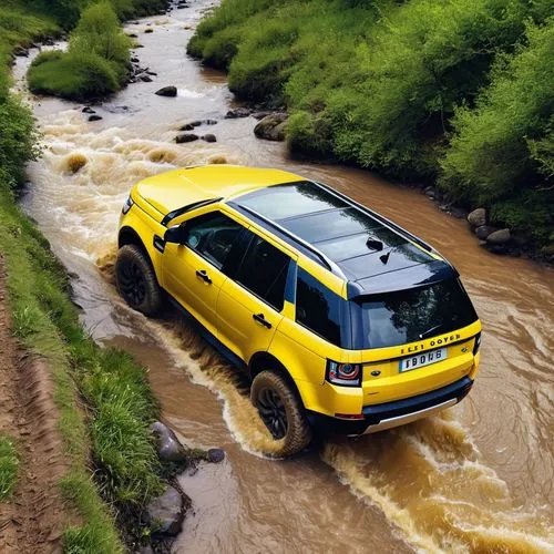 A yellow Land Rover Freelander 4 wheel car is traveling on an off-road route. There is a stream blocking the car's running path.,yellow jeep,jeep trailhawk,jeep compass,land rover discovery,jeep grand