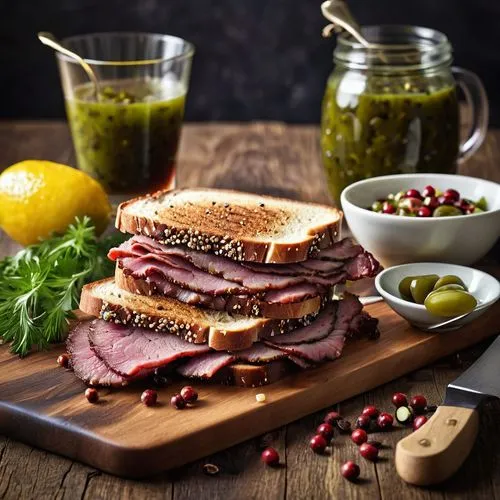 pastrami,black forest ham,corned beef,food photography,ham salad,mystic light food photography,deli,muffuletta,salt-cured meat,ham and cheese sandwich,mortadella,cold cuts,jamón,pastisset,za'atar,jewish cuisine,roast beef,food styling,chimichurri,tapenade,Photography,General,Realistic