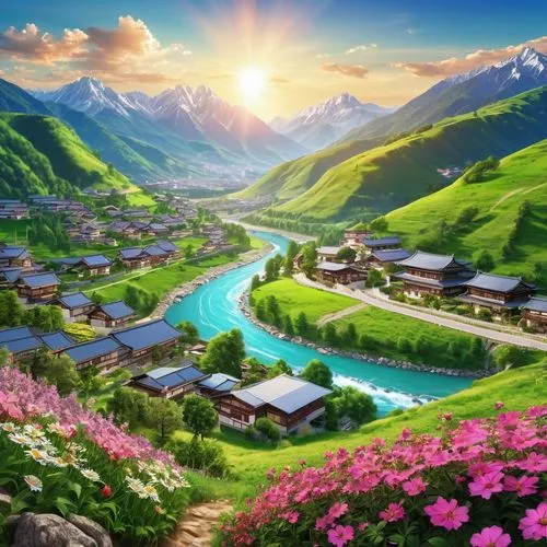 landscape background,mountain village,alpine village,japanese alps,mountainous landscape,mountain valley,Photography,General,Realistic