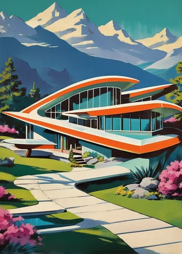 mid century modern,mid century house,mid century,futuristic landscape,futuristic architecture,house in the mountains,holiday motel,contemporary,futuristic art museum,home landscape,holiday home,suburbs,retro diner,alpine style,house in mountains,matruschka,home of apple,suburban,alpine drive,modern architecture,Illustration,Retro,Retro 12