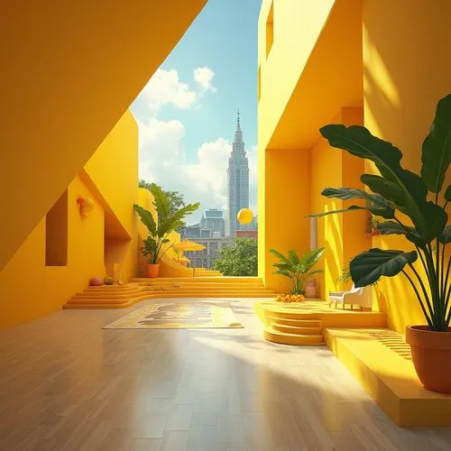 3d render,yellow garden,lowpoly,tropicana,yellow orange,3d rendered,low poly,fractal environment,yellow wall,an apartment,apartment,3d rendering,virtual landscape,3d background,shader,citrina,blender,environments,shaders,render,Photography,General,Realistic