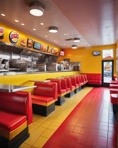 Fast food restaurant, Burger King, modern interior design, bright colors, red and yellow accents, neon lights, glossy floors, stainless steel countertops, digital menu boards, cozy booths, wooden tabl