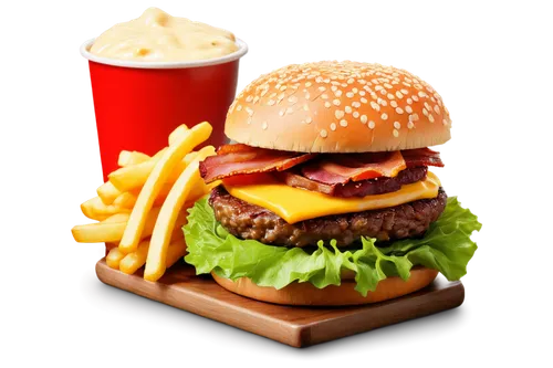 Fast food, juicy burger, sesame seeds bun, melted cheese, crispy bacon, lettuce, tomato, mayonnaise sauce, french fries, ketchup packet, colorful packaging, shallow depth of field, bright lighting, 3/