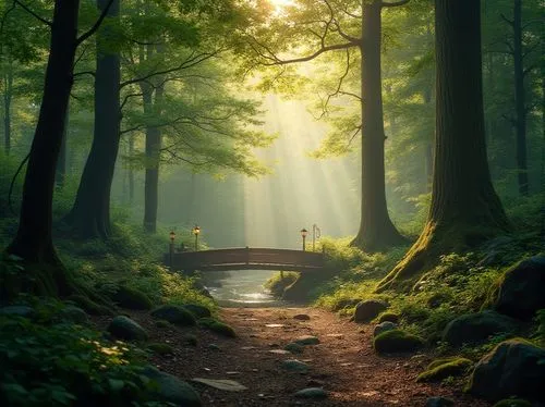 Serenity, harmony, forest landscapes, misty morning, warm sunlight filtering through trees, dense foliage, vibrant green leaves, towering trunks, moss-covered stones, winding dirt path, gentle stream,