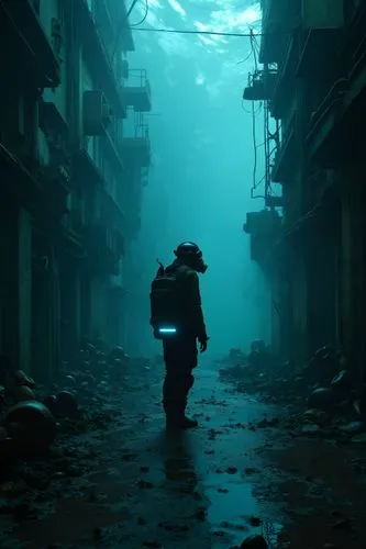 wearing a Black GP-5 Gas Mask with flashlight on forehead emitting light,man in underwater suit walking through the wet street,hanoi,postapocalyptic,kowloon,shaoming,slum,cyberpunk