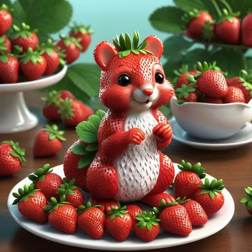 (sculpture of a cute strawberry squirrel  entirely made of fresh strawberries :1.5). The background shows a table setting with lots of Strawberries. The overall atmosphere of the picture is a fun and 