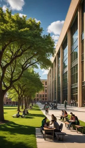 Modern university campus, America, top-ranked architecture school, grand stone building, large glass windows, steel beams, intricate carvings, vibrant green lawn, students sitting on benches studying,