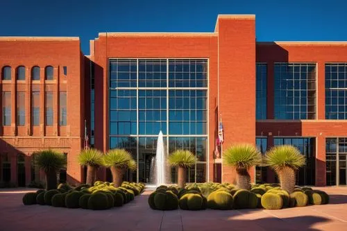 Texas Tech University, administrative building, modern architecture, bold lines, vibrant red brick, glass windows, steel frames, American flag, entrance stairs, open courtyard, fountain, blooming cact