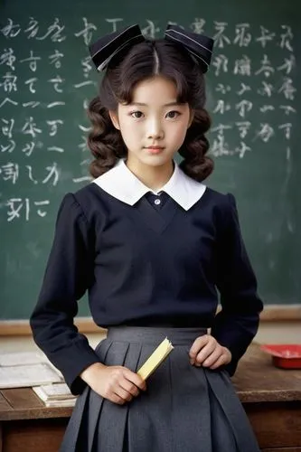 Traditional Japanese schoolgirl, monochrome uniform, white collar, black skirt, long sleeves, big bow, curly brown hair, innocent face, bright eyes, natural makeup, standing, old wooden desk, blackboa