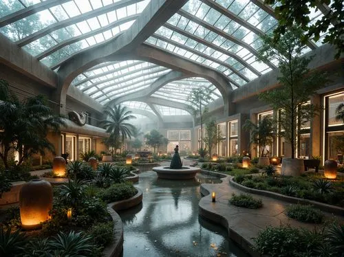 Curved glass roofs, futuristic steel frames, irregular geometric shapes, experimental botanical gardens, lush tropical plants, misty atmospheric conditions, soft diffused natural lighting, warm earthy