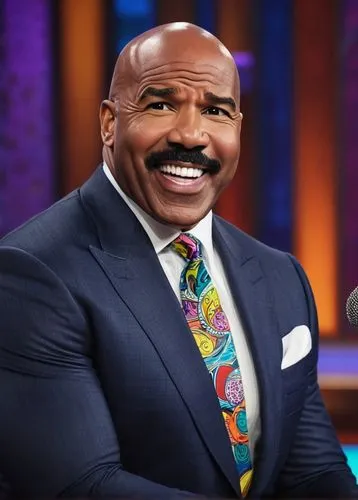 Steve Harvey, talk show host, middle-aged, African American, charismatic smile, stylish bald head, suit, black blazer, white shirt, patterned tie, microphone in hand, sitting, TV studio, audience, bri