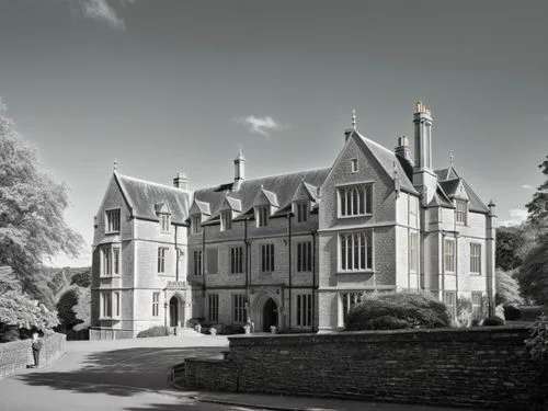 Transform the famous drawing by Bill Denny “Malvern College, House Nr. 5” into a contemporary, high-resolution black and white photo in an impressive way.,a large brick building next to a stone wall,t