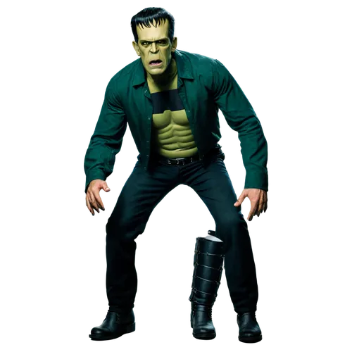 Frankenstein's monster, transparent background, green skin, bolts on neck, flat head, stitched mouth, angry eyes, black hair, worn-out shirt, ripped pants, heavy boots, standing pose, dramatic lightin