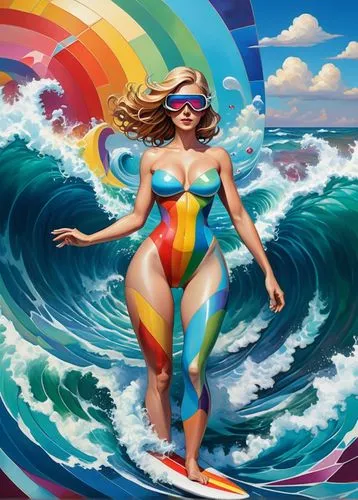 rainbow waves,psychedelic art,surfer,surf,rainbow background,beach ball,surfing,tidal wave,rainbow at sea,the sea maid,psychedelic,female swimmer,surfboard,rogue wave,surfers,the wind from the sea,colorful water,swimmer,prismatic,siren,Art,Artistic Painting,Artistic Painting 45