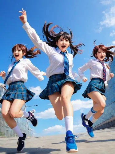 Rocking anime girls, big booms, white long-sleeved shirts, blue ties, short plaid skirts, long socks, sneakers, energetic poses, jumping, running, spinning, cheerful facial expressions, dynamic moveme